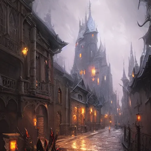 Image similar to street leading to a fantasy castle, dramatic lighting, city background, chiaroscuro, high detail, painted by greg rutkowski, painted by igor kieryluk, painted by bobby chiu, trending on artstation