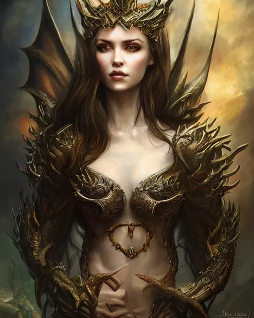 Image similar to a beautiful female dragon queen, 8 k, hyperrealistic, dark fantasy, hyperdetailed, fantasy portrait by laura sava