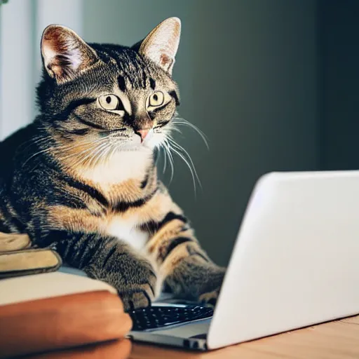 Image similar to an anthropomorphic cat looking up cat videos on a computer using mouse with paw, 85mm f1.8