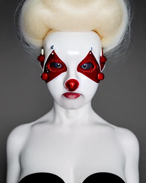 Prompt: symmetrical portrait of an albino woman wearing a silicone diamond studded red beauty mask and white hair buns, wearing a black bodysuit by alexander mcqueen, cream white background, soft diffused light, biotechnology, humanoid robot, bjork aesthetic, translucent, by rineke dijkstra, intricate details, highly detailed, masterpiece,