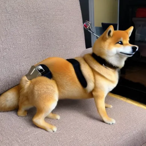 Prompt: doge the shiba - inu as a metallic cyborg, in a sunny suburban living - room.