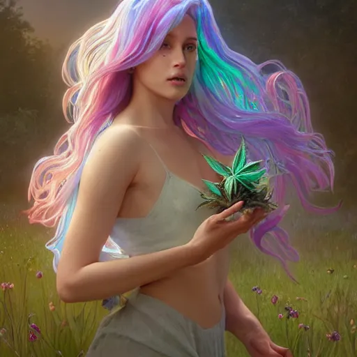 Image similar to a iridescent unicorn with wings eating in a field of marijuana, art by artgerm and greg rutkowski and alphonse mucha, concept art, octane render, unreal engine 5, highly detailed, high quality, 8 k, soft lighting, realistic face, path traced