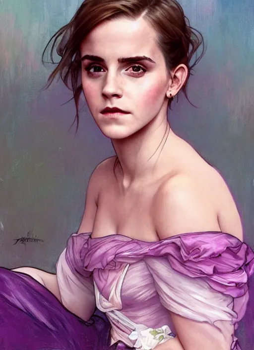 Image similar to emma watson wearing revealing pink and purple chiffon dress with flounces. beautiful detailed face. by artgerm and greg rutkowski and alphonse mucha