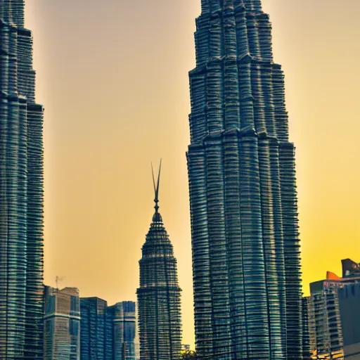 Prompt: the petronas towers replaced in the kuala lumpur skyline with elac debut floor standing speakers, ultra realistic, kodachrome 6 4, golden hour image