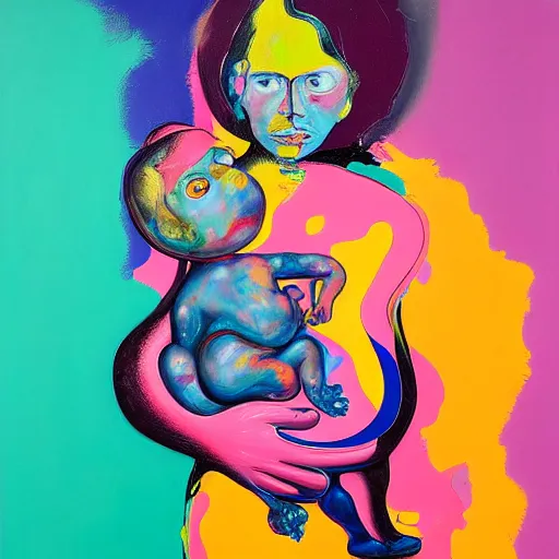 Prompt: woman holding a baby, an ultrafine detailed painting by peter max and francis bacon and fiona rae and hernan bas and anna mond, featured on deviantart, metaphysical painting, pop surrealism, melting paint, biomorphic, mixed media, photorealistic, dripping paint, palette knife texture, masterpiece