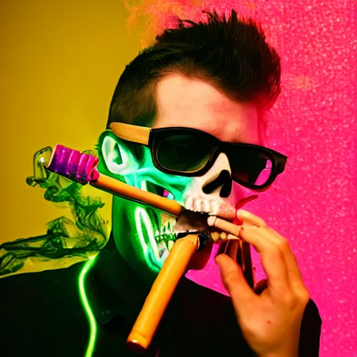 Image similar to Fuzzy neon skull smoking a pipe, studio photography