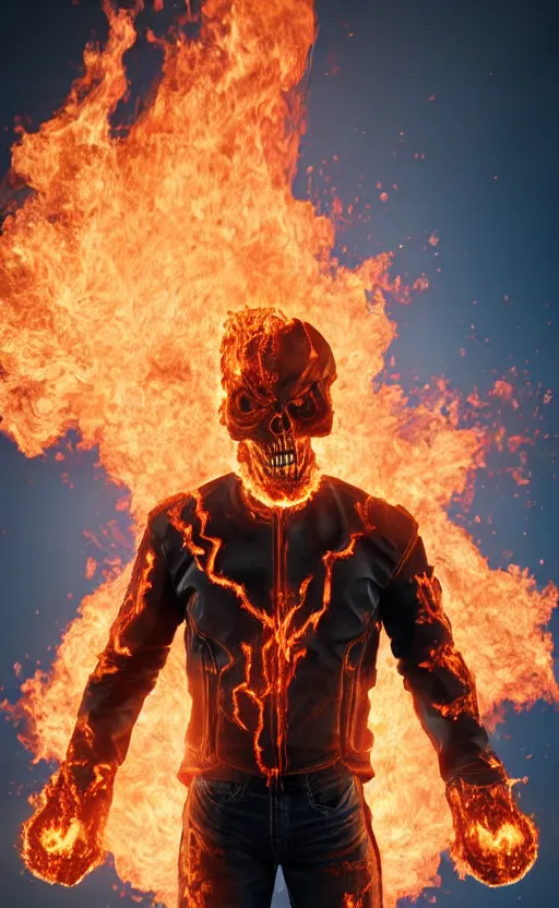 Prompt: ghost rider, highly detailed, standing, flames around body, face in focus, facing forward, smooth, sharp focus, 3D render, Octane render + unreal render, high definition, 8k, volumetric lighting