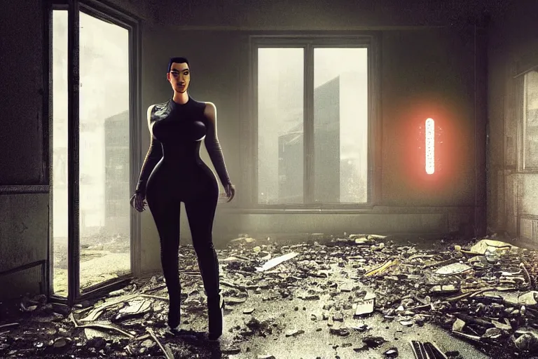 Image similar to photo still of kim kardashian as a cop inside a derelict apartment, glowing walkie talkie, realistic, wide shot, symmetrical, highly detailed, digital photo, instagram, hyper realistic, smooth, sharp focus, illustration, cinematic lighting, art by artgerm and greg rutkowski and alphonse mucha