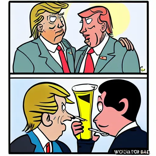 Image similar to cartoon drawing of Biden and Trump together drinking a caipirinha with Rio de Janeiro on the background, cute, cartoon, Disney, friendly, detailed