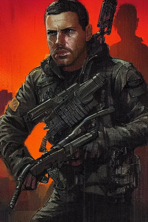 Image similar to Javier. smug blackops mercenary in tactical gear and cyberpunk headset. Blade Runner 2049. concept art by James Gurney and Mœbius.