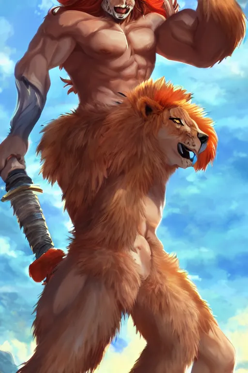 Image similar to muscular lion barbarian wearing a holding a sword, fursona, anthro, male, anime key visual, detailed orange fur, loincloth, makoto shinkai, portrait