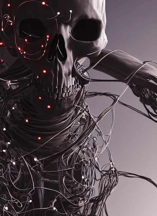 Image similar to an intricate detailed scifi skull plugged into wires by vitaly bulgarov, ivy, hardmesh, unreal engine 5, cyberpunk