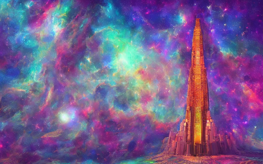 Prompt: the one and only majestic upright large rectangular tower, highly detailed cosmic background, a dash of magic, vibrant color palette, trending on artstation, digital art