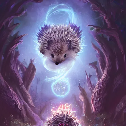 Image similar to Hedgehog magus, Tzeentch, portrait, nature, fairy, forest background, magic the gathering artwork, D&D, fantasy, cinematic lighting, centered, symmetrical, highly detailed, digital painting, artstation, concept art, smooth, sharp focus, illustration, volumetric lighting, epic Composition, 8k, art by Akihiko Yoshida and Greg Rutkowski and Craig Mullins, oil painting, cgsociety