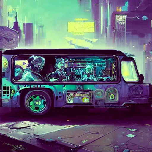 Prompt: a cyberpunk ice cream truck, black velvet painting, artwork by Greg Rutkowski, John Berkey, Alexander Jansson, Kuvshinov, WLOP, Artgerm, trending on ArtStationHD. octane render, greg rutkowski, hyper realism, high detail, octane render, vervia, 8k