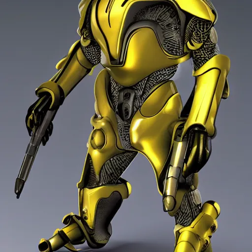 Image similar to humanoid with cat-like features in futuristic space armor with force fields, yellow eyes, teeth that protrude past the lower lip and fine grayish fur on their faces and backs of their hands and carrying weapons, octane,