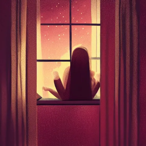 Image similar to Study background, warm tones, night, window, lots of detail, midevil, girl laying head on desk, sleep, magic, warm lighting, pink aesthetic