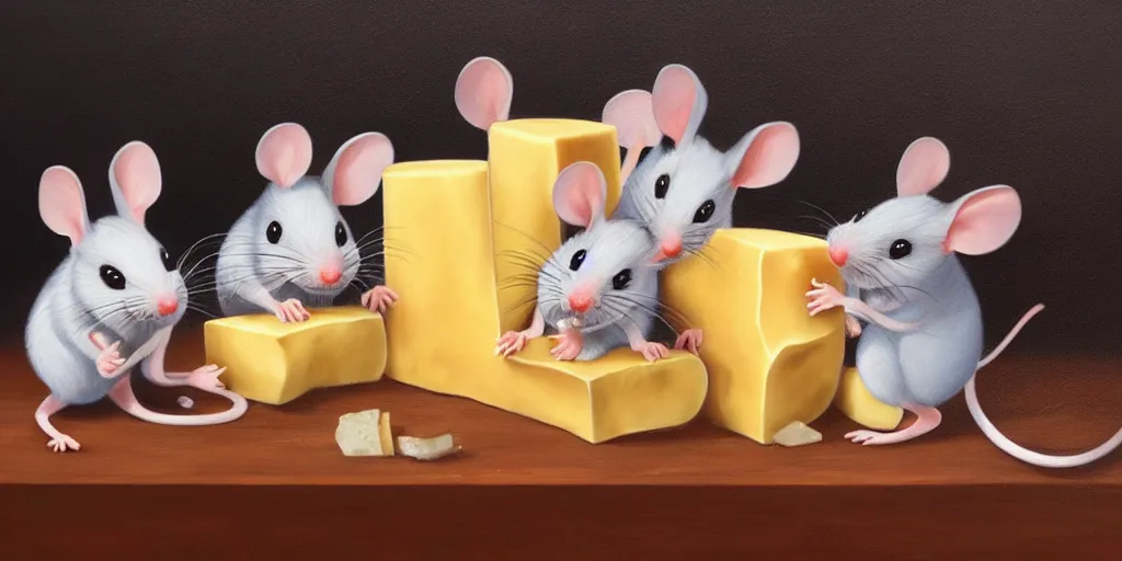 Image similar to beautiful painting of several cartoon mice eating a cartoon block of cheese; oil painting, masterpiece, extremely highly detailed; ultra realistic; trending on artstation