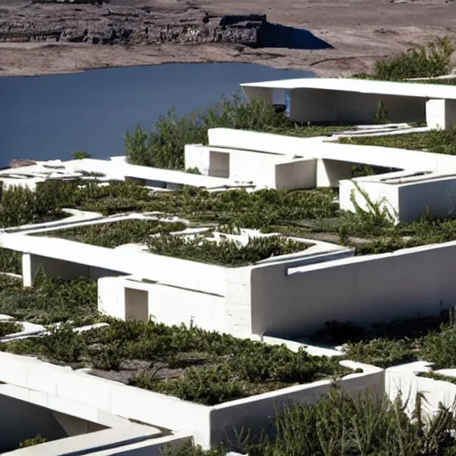 Prompt: habitat 6 7, white lego architect building in the dessert, many plants and infinite pool