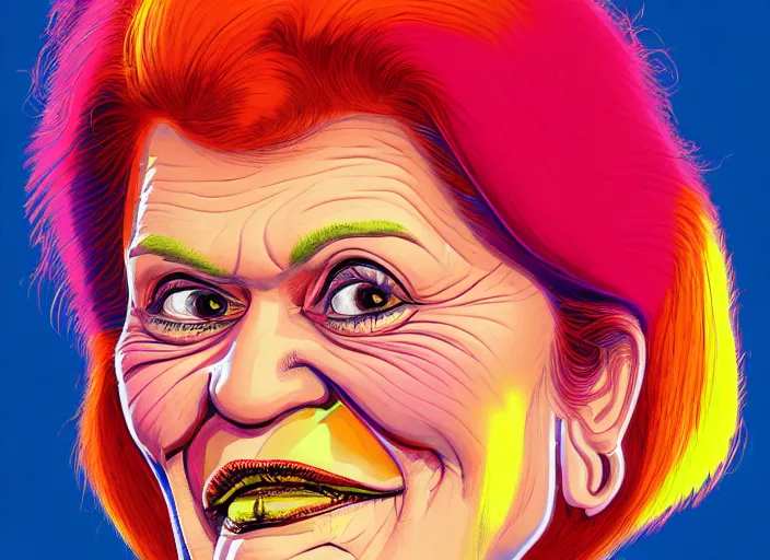 Prompt: A psychedelic portrait caricature of Australian politician Pauline Hanson, vibrant color scheme, highly detailed, in the style of romanticism, cinematic, artstation, Moebius, Greg rutkowski