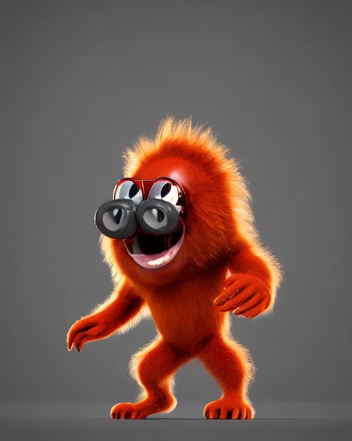 Image similar to 3 d render of completely red hairy friendly antropomorphic cartoony creature wearing chrome shades, without nose, full body, simple, cute, white background, unreal engine 5, octane render, highly detailed hdr