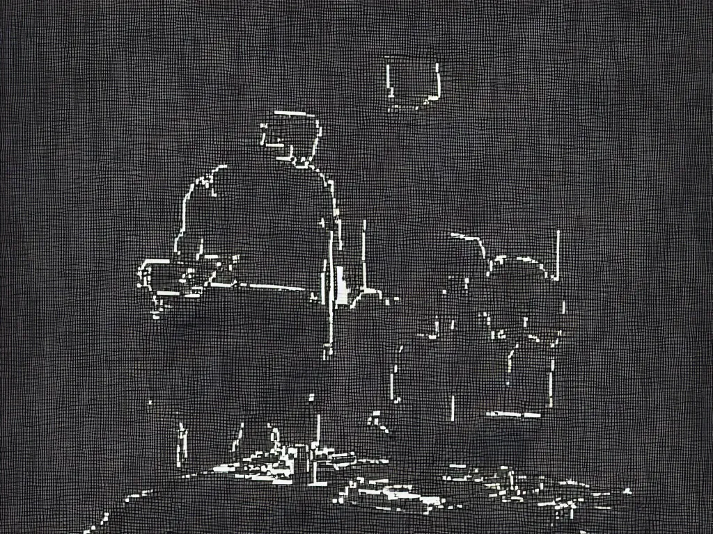 Image similar to man shot from behind working late at night on his computer in a dark room, outlined by light, pixel art