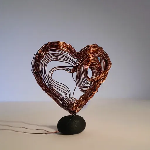 Image similar to a very beautiful tiny ( ( ( ( human heart ) ) ) )!!!!!!!!!!!!!!!!!!!!!!!!! organic sculpture made of copper wire and threaded pipes, very intricate, curved. studio lighting, high resolution, high quality, black background