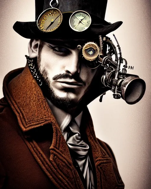 Prompt: steampunk male portrait, handsome, steampunk hat, detective coat, steampunk monocle, illustration by adrian ludwig richter, dramatic lighting, intricate, highly detailed, sharp focus, luminous, deviant art, masterpiece, ray tracing