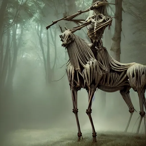 Image similar to a skeletal centaur in a magical forest, Zdzisław Beksiński style. Very detailed 8k