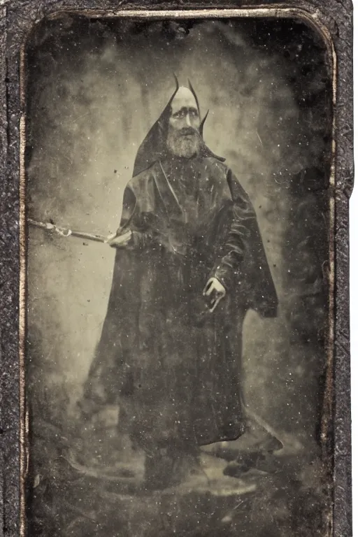 Image similar to a tintype photo of a dark and evil wizard