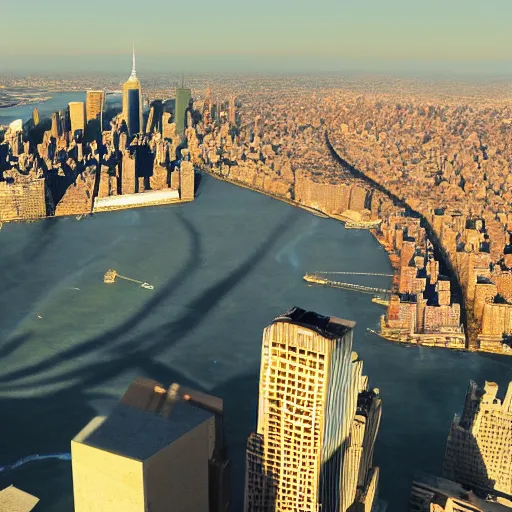 Prompt: 3rd person view, helicopter, flying over new york skyline, 4k, HD, cinematic lighting