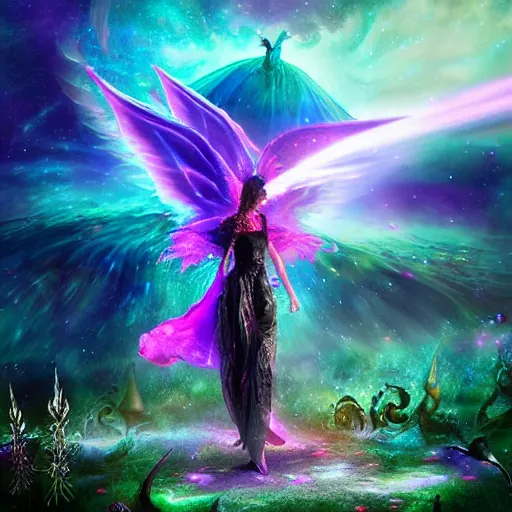 Prompt: a gothic fairy dragon breathing out a tornado of life to the cosmic forest of stars 4 k hyper detailed trippy vibrant colors contrasting hues high frequency detail artstation trending octane path traced hyperrealistic photoreal bokeh