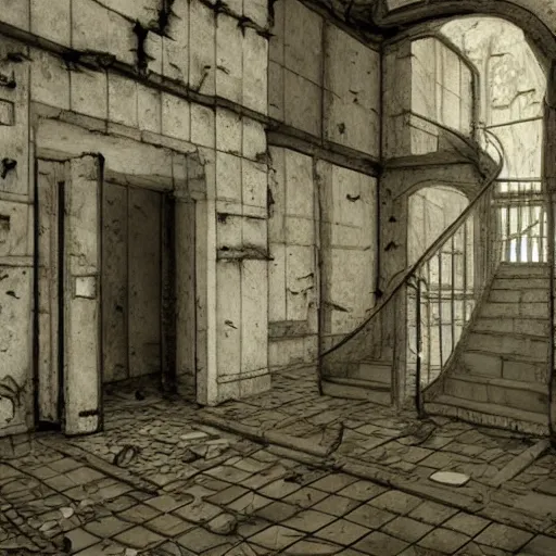 Image similar to a bright white hallway with many doors and stairs full of fungus and mushrooms and rot, Mc Escher architecture, decay, artstation