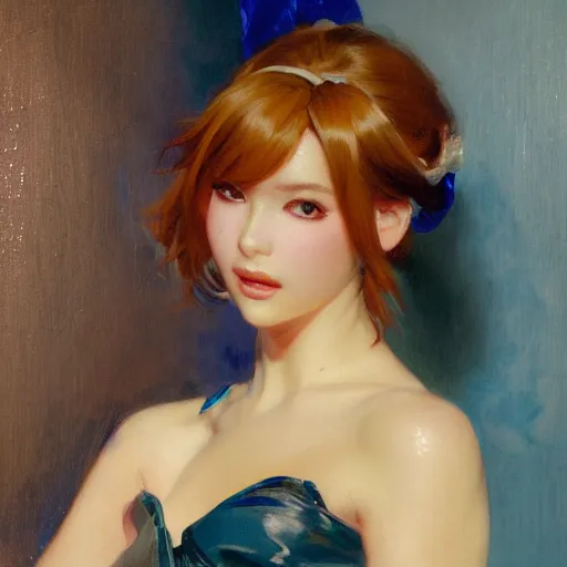 Image similar to a high fashion studio portrait of a cute anime girl, painting by gaston bussiere, craig mullins, j. c. leyendecker