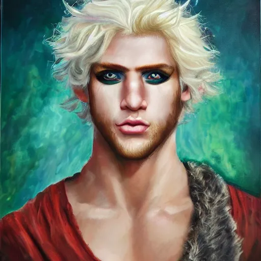 Image similar to oil painting of a beautiful platinum blond curly haired cleanshaven barbarian male with heterochromia one blue eye one green eye d & d fantasy concept art