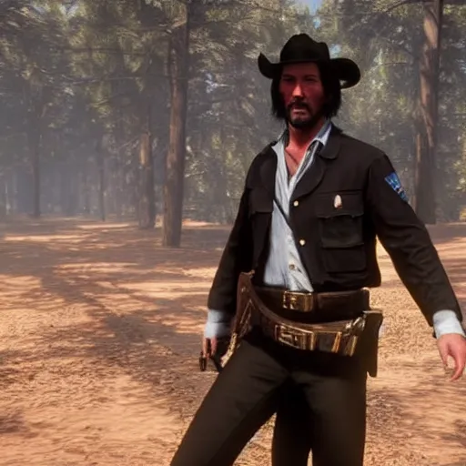 Prompt: Keanu Reeves as a Red Dead Redemption 2 character, dressed as a Western sheriff, in game screenshot