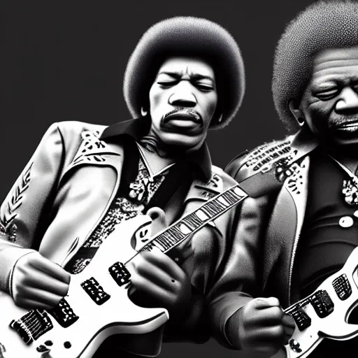 Image similar to photo of jimi hendrix and b. b king, with very highly detailed face, jamming with electric guitars. photorealistic, unreal engine 5, trending on artstation, 4 k, 8 k, uhd, beautiful, dramatic by steve mccurry