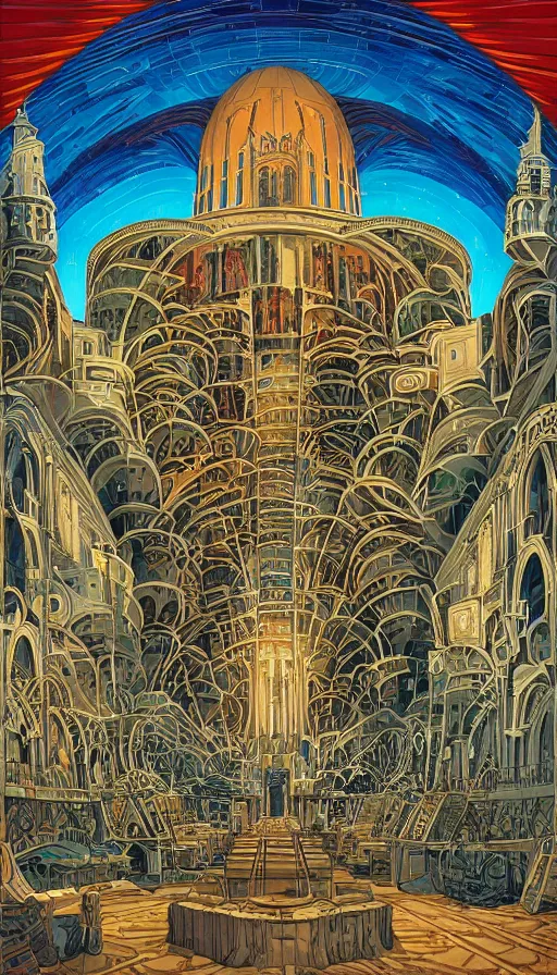 Image similar to The cathedral of ancient wisdom, italian futurism, da vinci, Dan Mumford, Josan Gonzalez