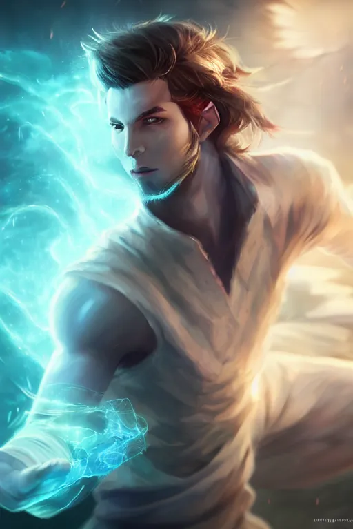 Image similar to a human elemental sorcerer, blurred environment background, epic magic effects, white skin, medium portrait, male, sharp focus, digital art, concept art, post processed, dynamic lighting, by emylie boivin and rossdraws