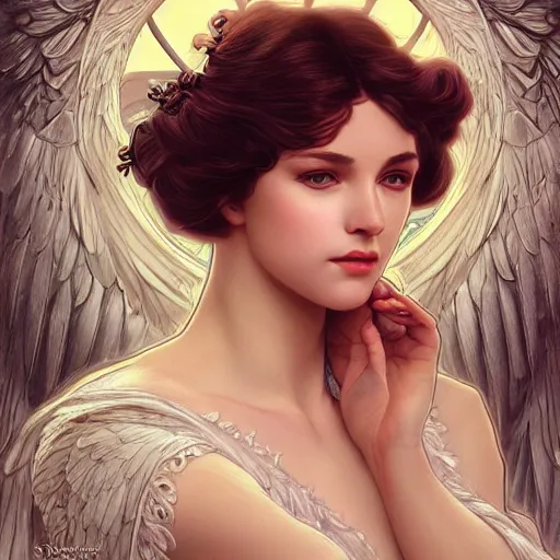 Image similar to a photograpic portrait of a pretty woman, angel, fantasy, intricate, elegant, highly detailed, digital painting, artstation, concept art, smooth, sharp focus, illustration, art by artgerm and h r giger and alphonse mucha