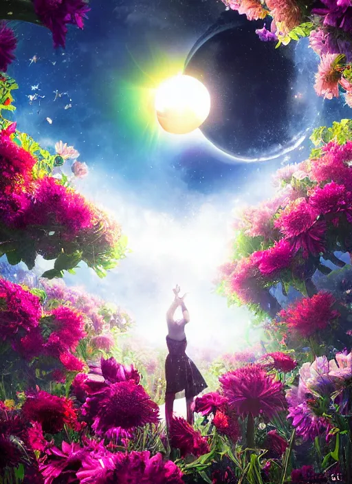 Image similar to An epic fantastic realism comic book style painting of the most beautiful flowers launched into space, bouquets, solar eclipse, fisheye, unreal 5, DAZ, hyperrealistic, octane render, dynamic lighting