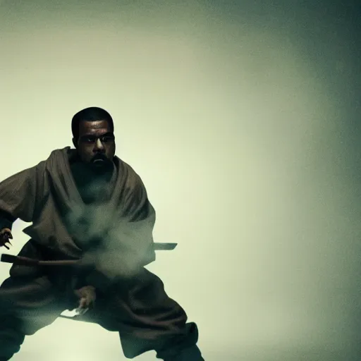 Image similar to cinematic film still of Kanye West starring as a Samurai holding fire, Japanese CGI, VFX, 2022, 40mm lens, shallow depth of field, film photography