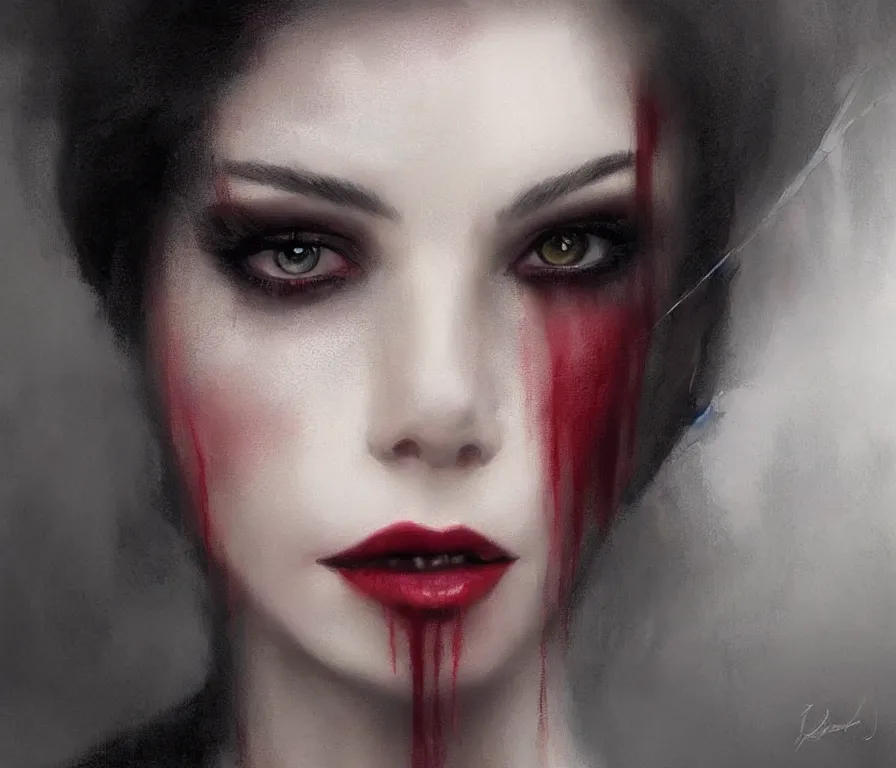 Prompt: a photorealistically painted portrait of lady vampire!!!!, dressed in a suit, perfect face!!!, beautiful eyes!!, digital painting, concept art, minimal artifacts, volumetric lighting, Artgerm and William-Adolphe Bouguerea, in the style of Tom Bagshaw, cinematic!!, stunning!, trending on Artstation!, award winning art!!!