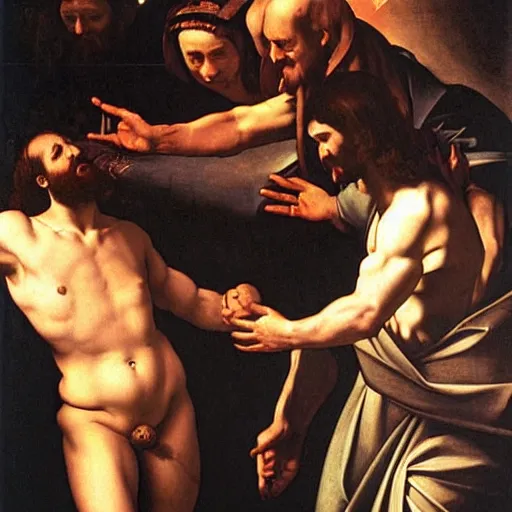 Image similar to Jesus Christ joining forces with Satan, God betrays humanity, Doom of mankind, Caravaggio