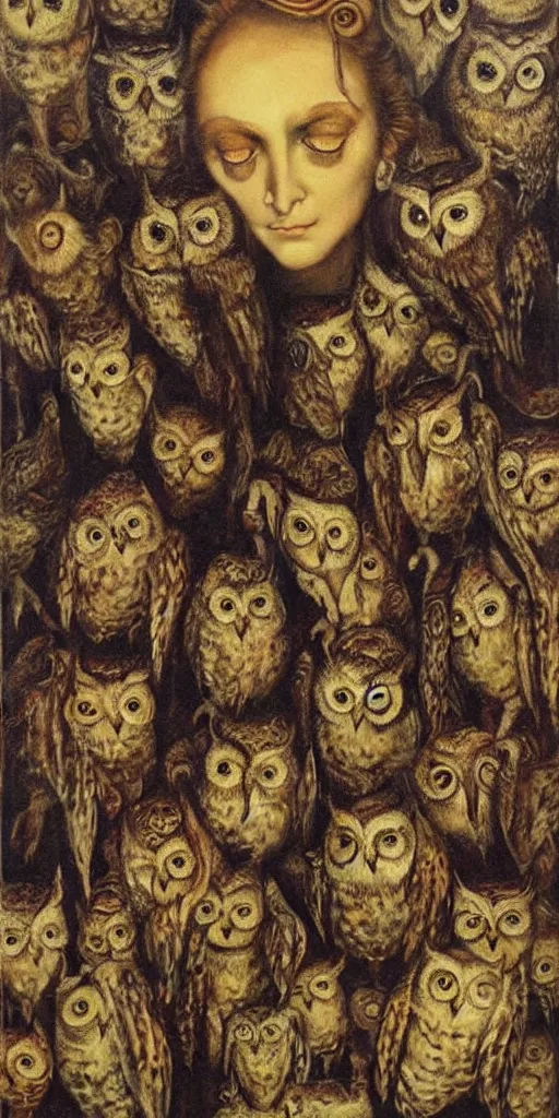 Prompt: a painting of owls singing nightmares in the ear of sleeping children by saturno butto, by austin osman spare, detailed oil painting, baroque