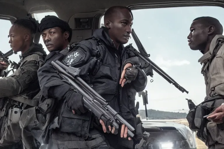 Image similar to movie diverse interracial team of Japanese robbers armed with rifles interior clean futuristic tactical van, beautiful skin, Symmetrical faces. natural lighting by Emmanuel Lubezki