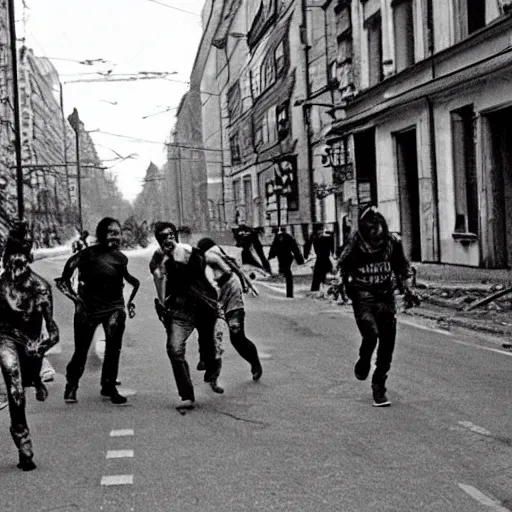 Prompt: zombie apocalypse on the streets of riga in 9 0 s, panic, horror, people running