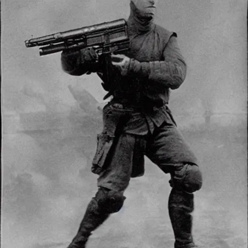 Image similar to old black and white photo, 1 9 1 3, depicting bruce willis in heavy combat armor and guns, historical record, volumetric fog