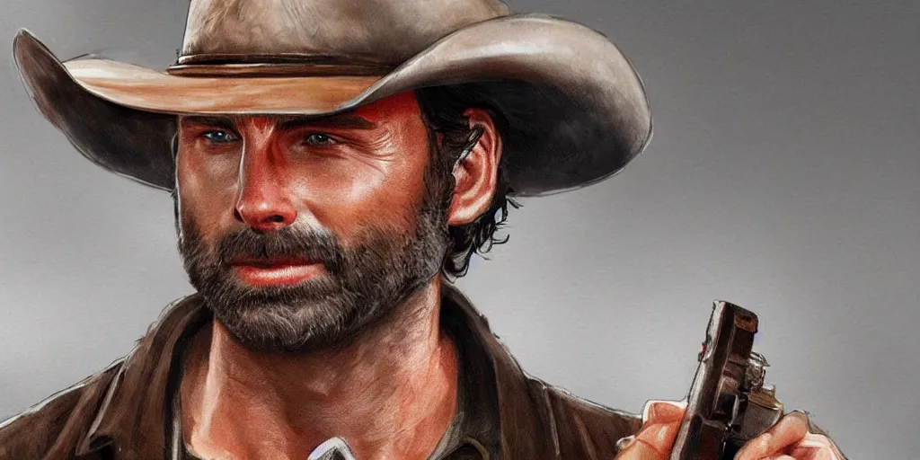 Image similar to highly detailed photo of rick grimes wearing a cowboy hat, digital painting, trending on artstation, high resolution, transparent background