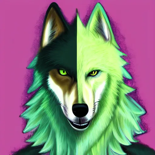 Image similar to Beautiful portrait digital painting, oil painting, anthro anthropomorphic pastel-green androgynous wolf, at a lake anarchist anarcho-punk Punk Punk outfit. furaffinity, artstation